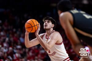 Nebraska Cornhusker forward Berke Buyuktuncel (9) makes a free throw against the Purdue Boilermakers in the first half during a college basketball game on Tuesday, Feb. 10, 2026, in Lincoln, Nebraska. Photo by John S. Peterson.