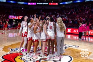 Nebraska Cornhuskers huddle up after the loss to the Maryland Terrapins during a women’s basketball game on Saturday, Feb. 7, 2026, in Lincoln, Nebraska. Photo by John S. Peterson.
