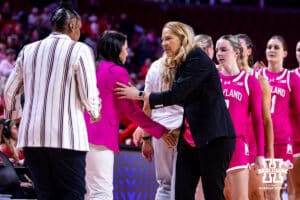 Nebraska Cornhusker head coach Amy Williams and Maryland Terrapin head coach Brenda Frese shake hands after the women’s basketball game on Saturday, Feb. 7, 2026, in Lincoln, Nebraska. Photo by John S. Peterson.