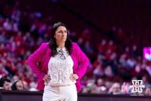 Nebraska Cornhusker head coach Amy Williams on the sideline watching the action on the court against the Maryland Terrapins in the fourth quarter during a women’s basketball game on Saturday, Feb. 7, 2026, in Lincoln, Nebraska. Photo by John S. Peterson.