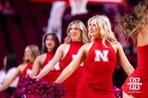Nebraska Cornhusker Scarlets dance team perform at a break in the game against the Maryland Terrapins during a women’s basketball game on Saturday, Feb. 7, 2026, in Lincoln, Nebraska. Photo by John S. Peterson.