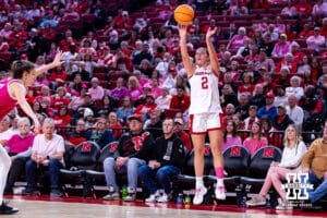Nebraska Cornhusker guard Logan Nissley (2) makes a three point basket against the Maryland Terrapins in the third quarter during a women’s basketball game on Saturday, Feb. 7, 2026, in Lincoln, Nebraska. Photo by John S. Peterson.