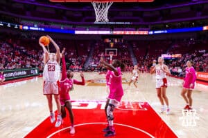 Nebraska Cornhusker guard Britt Prince (23) makes a lay up against the Maryland Terrapins in the third quarter during a women’s basketball game on Saturday, Feb. 7, 2026, in Lincoln, Nebraska. Photo by John S. Peterson.