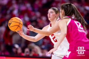 Nebraska Cornhusker guard Logan Nissley (2) makes a pass against Maryland Terrapin guard Yarden Garzon (12) during a women’s basketball game on Saturday, Feb. 7, 2026, in Lincoln, Nebraska. Photo by John S. Peterson.