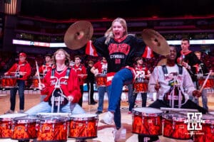 Nebraska Cornhusker Drumline perfroms at halftime during a women’s basketball game against the Maryland Terrapins on Saturday, Feb. 7, 2026, in Lincoln, Nebraska. Photo by John S. Peterson.