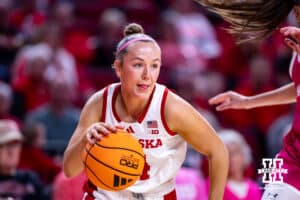 Nebraska Cornhusker forward Petra Bozan (4) dribbles the ball against the Maryland Terrapins in the second quarter during a women’s basketball game on Saturday, Feb. 7, 2026, in Lincoln, Nebraska. Photo by John S. Peterson.