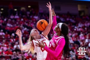 Nebraska Cornhusker guard Britt Prince (23) and Maryland Terrapin guard Oluchi Okananwa (7) going after a rebound in the second quarter during a women’s basketball game on Saturday, Feb. 7, 2026, in Lincoln, Nebraska. Photo by John S. Peterson.