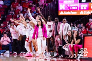 Nebraska Cornhuskers bench celebrates Logan Nissley's three point basket against the Maryland Terrapins in the second quarter during a women’s basketball game on Saturday, Feb. 7, 2026, in Lincoln, Nebraska. Photo by John S. Peterson.