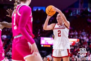 Nebraska Cornhusker guard Logan Nissley (2) makes a three point basket against the Maryland Terrapins in the second quarter during a women’s basketball game on Saturday, Feb. 7, 2026, in Lincoln, Nebraska. Photo by John S. Peterson.