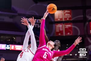 Maryland Terrapin guard Saylor Poffenbarger (6) tips the ball away from Nebraska Cornhusker Eliza Maupin (21) and Petra Bozan during a women’s basketball game on Saturday, Feb. 7, 2026, in Lincoln, Nebraska. Photo by John S. Peterson.