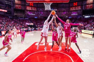 Nebraska Cornhusker forward Petra Bozan (4) grabs the rebound in the first quarter against the Maryland Terrapins during a women’s basketball game on Saturday, Feb. 7, 2026, in Lincoln, Nebraska. Photo by John S. Peterson.