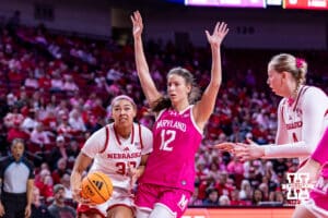 Nebraska Cornhusker forward Amiah Hargrove (33) drives to the basket against Maryland Terrapin guard Yarden Garzon (12) in the first quarter during a women’s basketball game on Saturday, Feb. 7, 2026, in Lincoln, Nebraska. Photo by John S. Peterson.