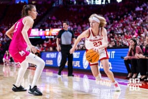 Nebraska Cornhusker guard Britt Prince (23) drives to the basket against Maryland Terrapin guard Yarden Garzon (12) in the first quarter during a women’s basketball game on Saturday, Feb. 7, 2026, in Lincoln, Nebraska. Photo by John S. Peterson.