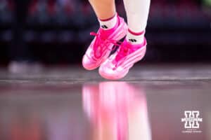 Nebraska Cornhusker forward Emily Fisher (34) wearing pink shoes for the Pink Out game against the Maryland Terrapins during a women’s basketball game on Saturday, Feb. 7, 2026, in Lincoln, Nebraska. Photo by John S. Peterson.