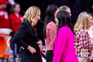 Nebraska Cornhusker head coach Amy Williams and Maryland Terrapin head coach Brenda Frese meet before the basketball game on Saturday, Feb. 7, 2026, in Lincoln, Nebraska. Photo by John S. Peterson.