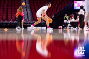 Nebraska Cornhusker guard Kennadi Williams (15) warms up with dribbling drills before taking on the Maryland Terrapins during a women’s basketball game on Saturday, Feb. 7, 2026, in Lincoln, Nebraska. Photo by John S. Peterson.