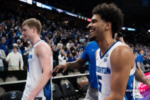 Creighton Bluejay Nik Graves (5) smiles after a college basketball game against Seton Hall on Feb 7, 2026, in Omaha, Nebraska. Photo by Brandon Tiedemann