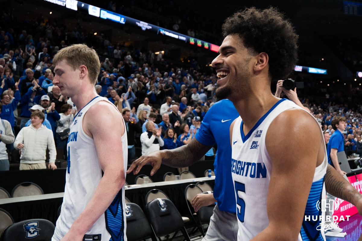 Creighton Bluejay Nik Graves (5) smiles after a college basketball game against Seton Hall on Feb 7, 2026, in Omaha, Nebraska. Photo by Brandon Tiedemann