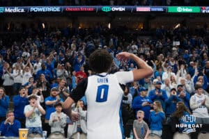 Creighton Bluejay Jasen Green (0) hypes up the crowd after a college basketball game against Seton Hall on Feb 7, 2026, in Omaha, Nebraska. Photo by Brandon Tiedemann