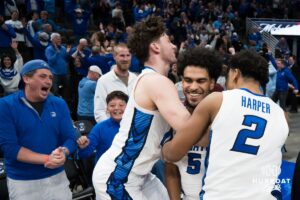 Creighton Bluejays hug Nik Graves (5) after a college basketball game against Seton Hall on Feb 7, 2026, in Omaha, Nebraska. Photo by Brandon Tiedemann