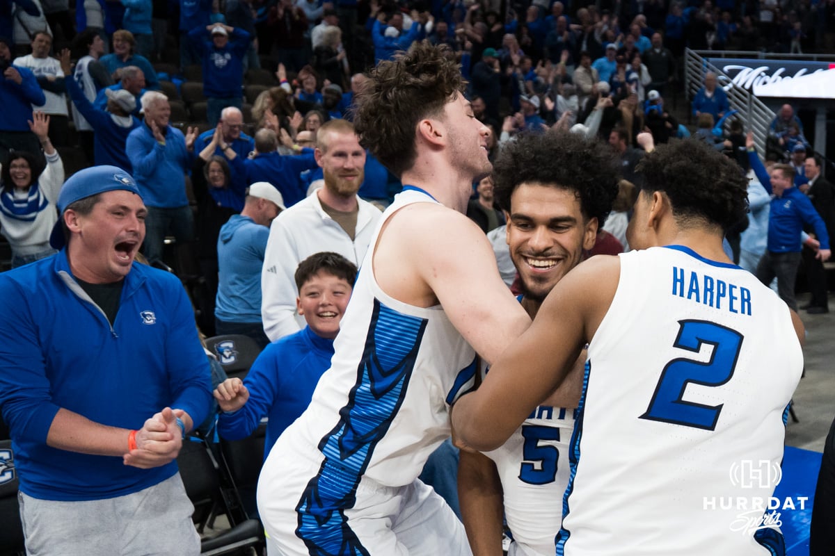 Creighton Bluejays hug Nik Graves (5) after a college basketball game against Seton Hall on Feb 7, 2026, in Omaha, Nebraska. Photo by Brandon Tiedemann