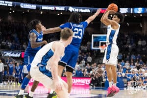 Creighton Bluejay Nik Graves (5) shoots the game winning three pointer during a college basketball game against Seton Hall on Feb 7, 2026, in Omaha, Nebraska. Photo by Brandon Tiedemann