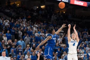 Creighton Bluejay Josh Dix (4) shoots a three pointer during a college basketball game against Seton Hall on Feb 7, 2026, in Omaha, Nebraska. Photo by Brandon Tiedemann