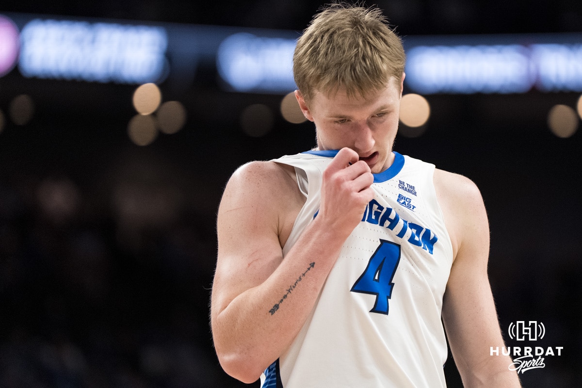 Creighton Bluejays vs Seton Hall | Feb 4, 2026 Creighton Bluejay Josh Dix (4) wipes sweat off his face during a college basketball game against Seton Hall on Feb 7, 2026, in Omaha, Nebraska. Photo by Brandon Tiedemann