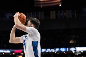 Creighton Bluejay Fedor Žugić (7) shoots a corner three during a college basketball game against Seton Hall on Feb 7, 2026, in Omaha, Nebraska. Photo by Brandon Tiedemann