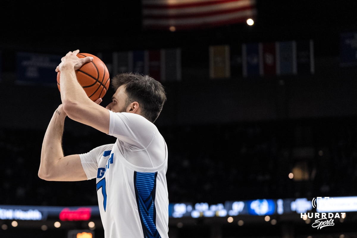 Creighton Bluejay Fedor Žugić (7) shoots a corner three during a college basketball game against Seton Hall on Feb 7, 2026, in Omaha, Nebraska. Photo by Brandon Tiedemann
