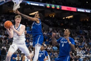 Creighton Bluejay Josh Dix (4) looks to pass during a college basketball game against Seton Hall on Feb 7, 2026, in Omaha, Nebraska. Photo by Brandon Tiedemann