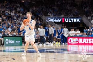 Creighton Bluejay Josh Dix (4) shoots a three pointer during a college basketball game against Seton Hall on Feb 7, 2026, in Omaha, Nebraska. Photo by Brandon Tiedemann