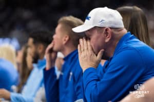 A Creighton Bluejay fan sits upset during a college basketball game against Seton Hall on Feb 7, 2026, in Omaha, Nebraska. Photo by Brandon Tiedemann