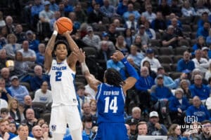 Creighton Bluejay Blake Harper (2) shoots a three during a college basketball game against Seton Hall on Feb 7, 2026, in Omaha, Nebraska. Photo by Brandon Tiedemann