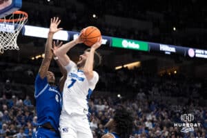 Creighton Bluejay Fedor Žugić (7) looks to shoot through contact during a college basketball game against Seton Hall on Feb 7, 2026, in Omaha, Nebraska. Photo by Brandon Tiedemann