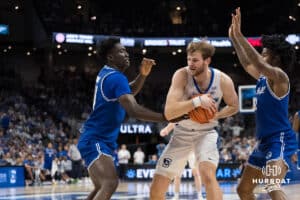 Creighton Bluejay Isaac Traudt (41) tries to get out of the trap during a college basketball game against Seton Hall on Feb 7, 2026, in Omaha, Nebraska. Photo by Brandon Tiedemann