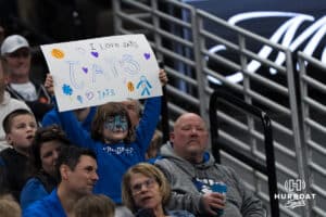A Creighton Bluejay fan holds a sign during a college basketball game against Seton Hall on Feb 7, 2026, in Omaha, Nebraska. Photo by Brandon Tiedemann