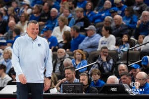 Creighton Bluejay head coach Greg McDermott smiles during a college basketball game against Seton Hall on Feb 7, 2026, in Omaha, Nebraska. Photo by Brandon Tiedemann