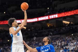 Creighton Bluejay Nik Graves (5) shoots a floater during a college basketball game against Seton Hall on Feb 7, 2026, in Omaha, Nebraska. Photo by Brandon Tiedemann