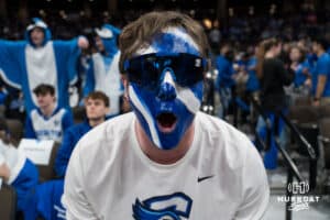 A Creighton Bluejay fan screams during a college basketball game against Seton Hall on Feb 7, 2026, in Omaha, Nebraska. Photo by Brandon Tiedemann