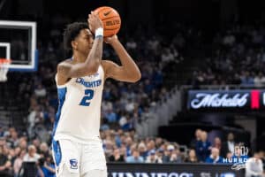 Creighton Bluejay Blake Harper (2) shoots a three pointer during a college basketball game against Seton Hall on Feb 7, 2026, in Omaha, Nebraska. Photo by Brandon Tiedemann
