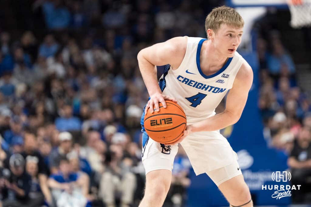 Creighton Bluejay Josh Dix (4) looks to pass during a college basketball game against Seton Hall on Feb 7, 2026, in Omaha, Nebraska. Photo by Brandon Tiedemann