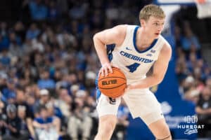 Creighton Bluejay Josh Dix (4) looks to pass during a college basketball game against Seton Hall on Feb 7, 2026, in Omaha, Nebraska. Photo by Brandon Tiedemann