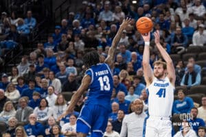 Creighton Bluejay Isaac Traudt (41) shoots a three during a college basketball game against Seton Hall on Feb 7, 2026, in Omaha, Nebraska. Photo by Brandon Tiedemann