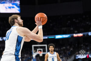Creighton Bluejay Isaac Traudt (41) shoots a three during a college basketball game against Seton Hall on Feb 7, 2026, in Omaha, Nebraska. Photo by Brandon Tiedemann