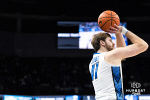Creighton Bluejay Isaac Traudt (41) shoots a three pointer during a college basketball game against Seton Hall on Feb 7, 2026, in Omaha, Nebraska. Photo by Brandon Tiedemann