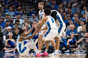 Creighton Bluejays pick up Blake Harper (2) during a college basketball game against Seton Hall on Feb 7, 2026, in Omaha, Nebraska. Photo by Brandon Tiedemann