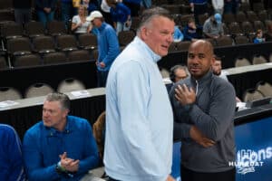Creighton Bluejay head coach Greg McDermott and Seton Hall head coach Shaheen Holloway meet before a college basketball game against on Feb 7, 2026, in Omaha, Nebraska. Photo by Brandon Tiedemann