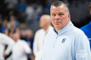 Creighton Bluejay head coach Greg McDermott stares before a college basketball game against Seton Hall on Feb 7, 2026, in Omaha, Nebraska. Photo by Brandon Tiedemann