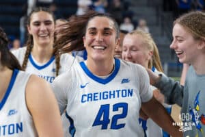 Creighton Bluejay Grace Boffeli (42) smiles after a college basketball game against Georgetown on Feb 4, 2026, in Omaha, Nebraska. Photo by Brandon Tiedemann